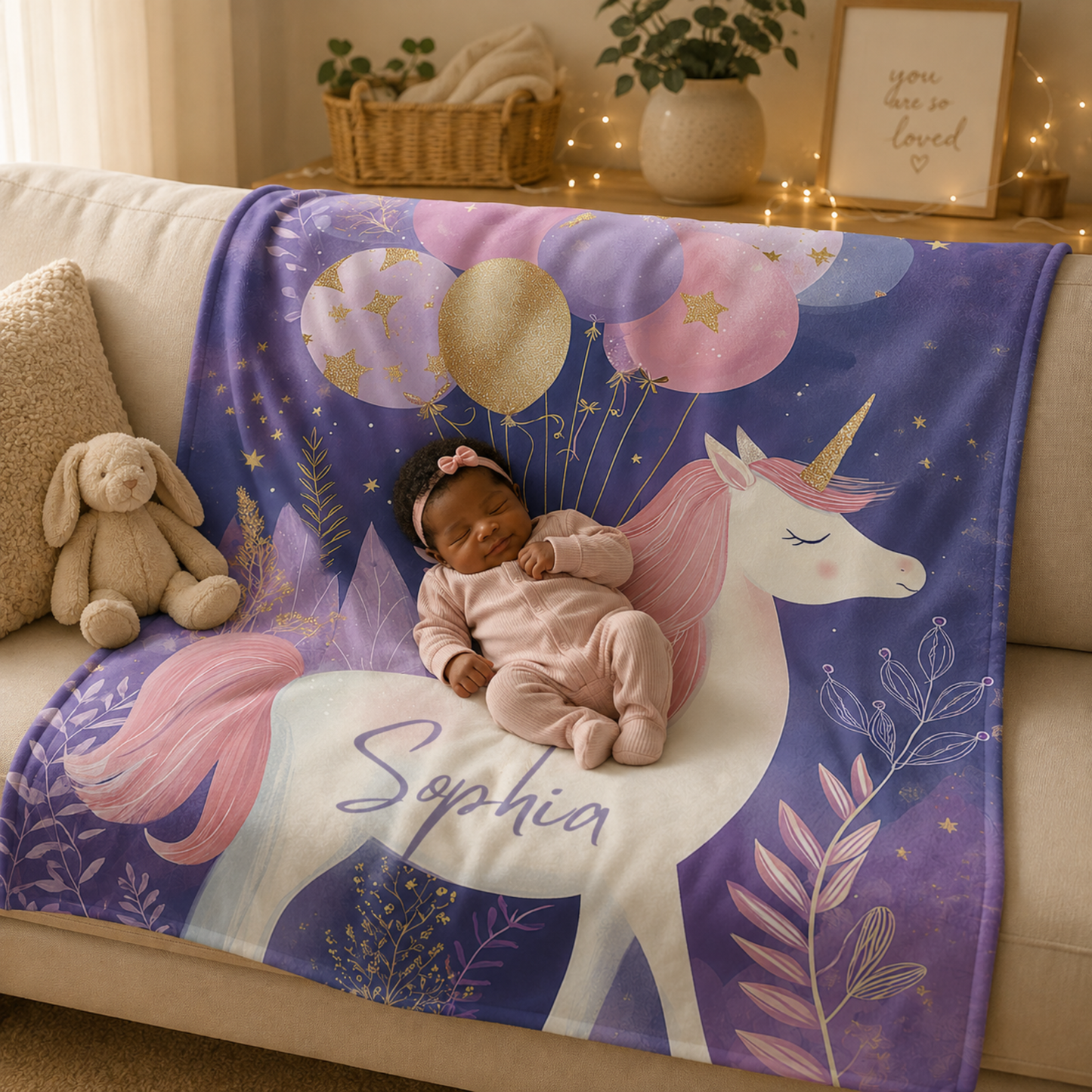Sleeping newborn on personalized unicorn baby blanket with custom name, starlit balloon dream design