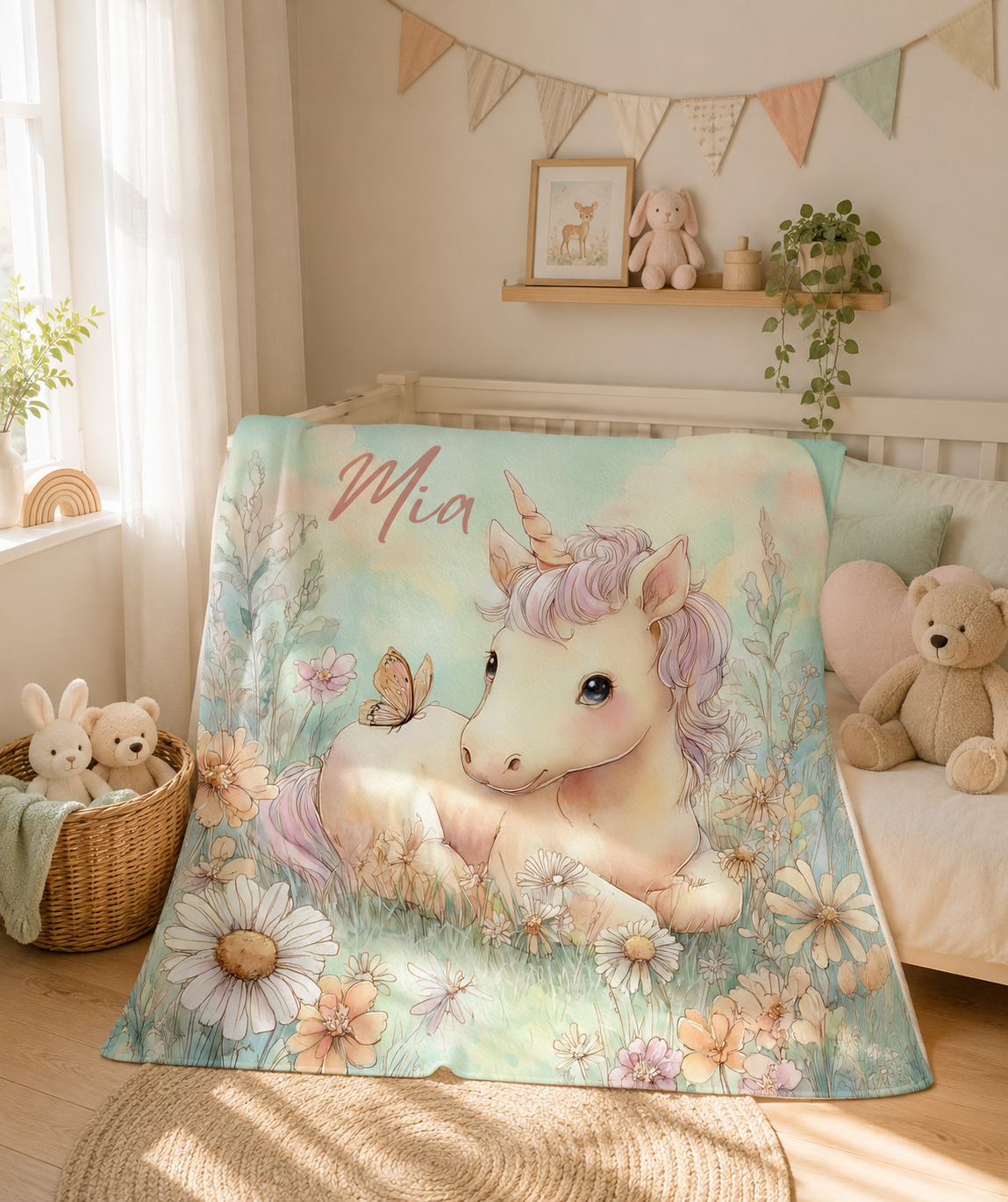 Personalized unicorn baby blanket with custom name on crib in nursery, wildflower meadow design