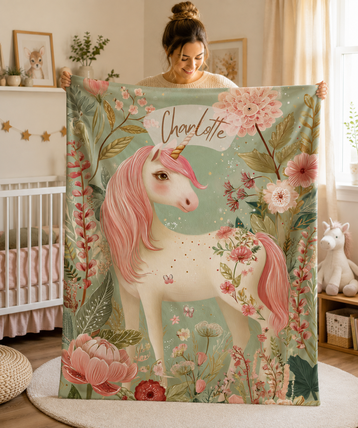 A woman holds up a large printed blanket or tapestry featuring a white unicorn with pink hair, surrounded by pink flowers and green leaves on a soft mint background. The word 'Charlotte' is printed near the top.