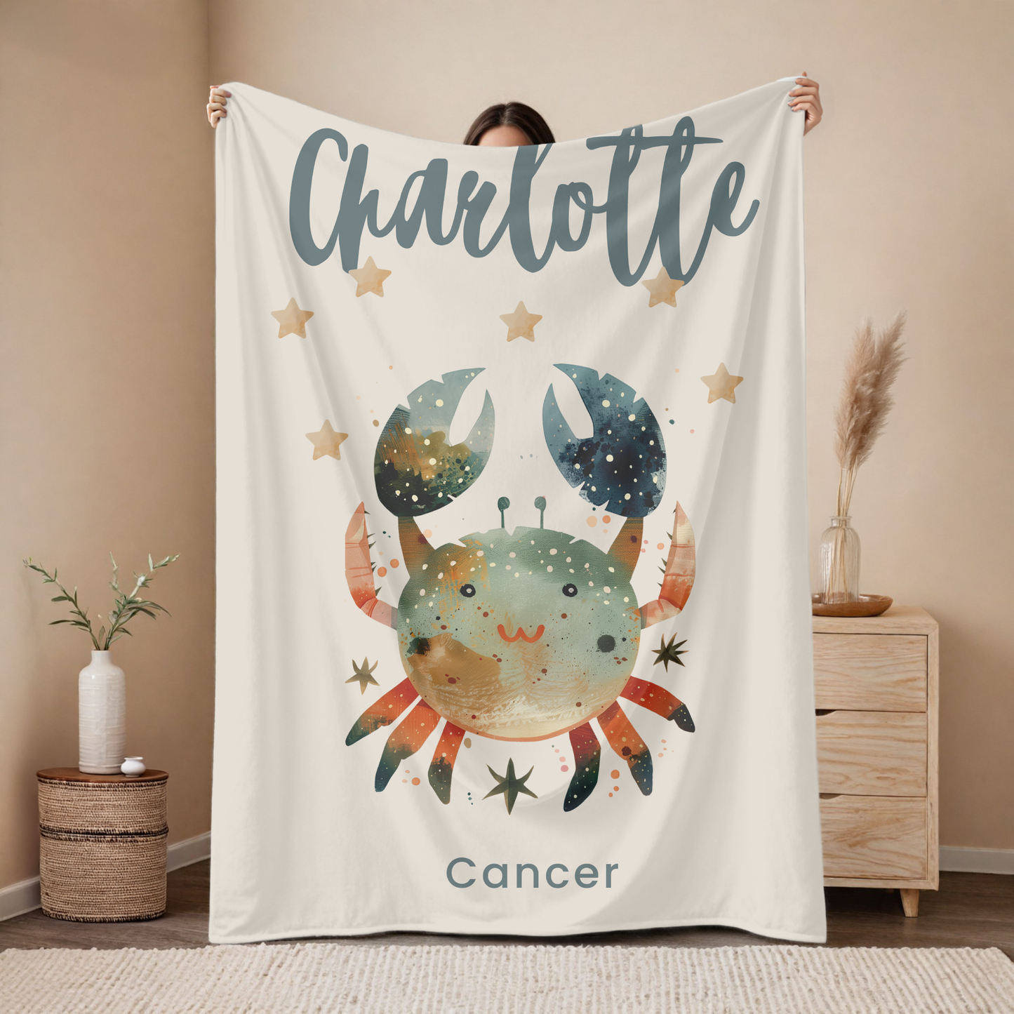 Personalized Cancer zodiac baby blanket with custom name, astrology baby gift for newborn
