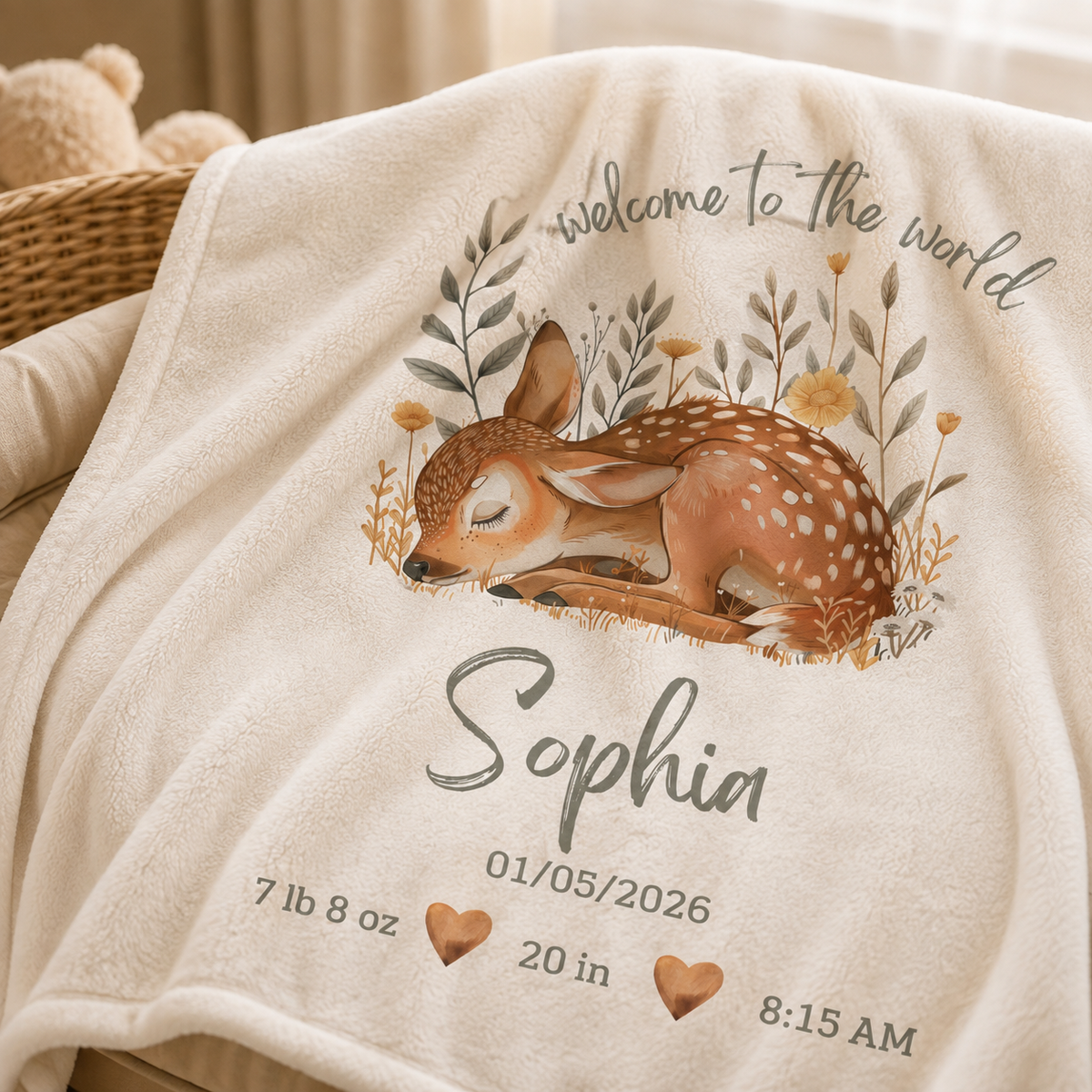 A close-up of a cream-colored plush blanket draped over a chair, featuring a personalized design with a sleeping deer illustration, the text 'Welcome to the world', the name 'Sophia', birth date and weight, and birth time.