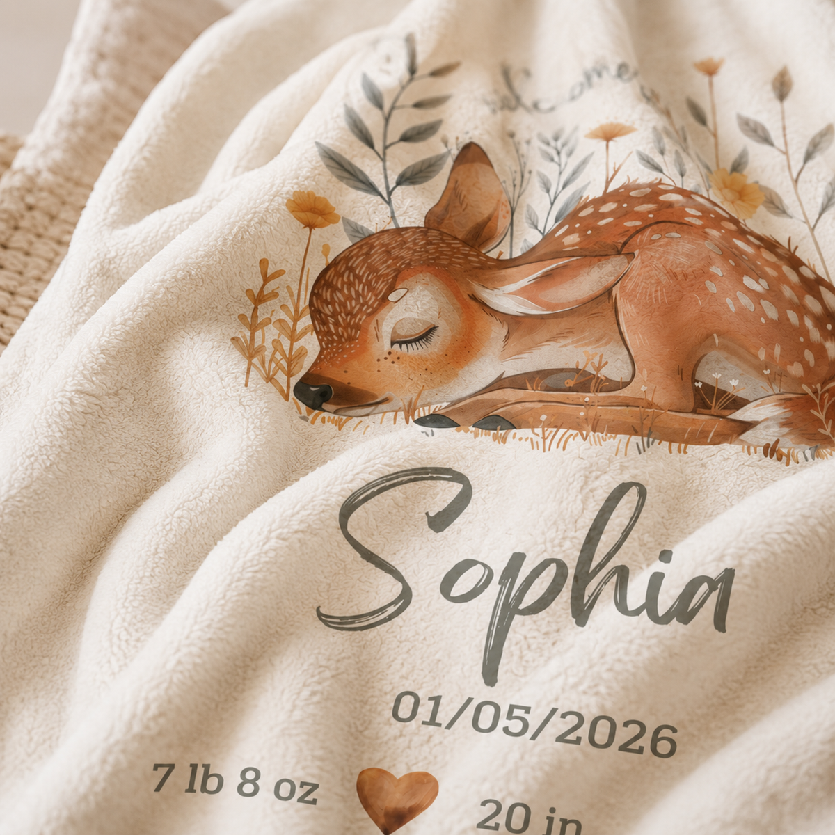 A close-up of a soft cream-colored plush blanket featuring a sleeping deer illustration, floral details, and personalized text reading 'Sophia' with the date '01/05/2026' and birth weight/size details.