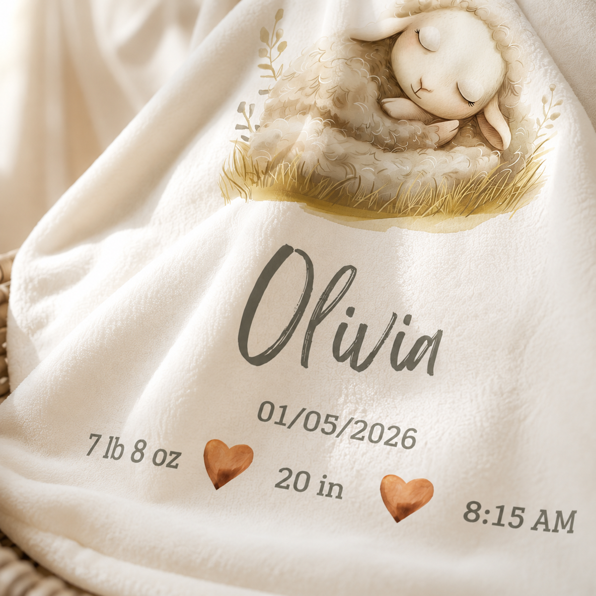 A close-up of a soft cream-colored personalized blanket featuring a sleeping lamb illustration and custom text reading 'Olivia' with birth date, weight, size, and time.